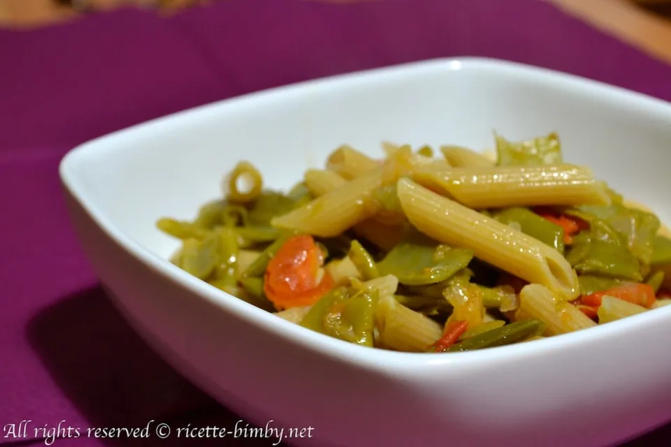 Pennette integrali con taccole e pomodorini Bimby